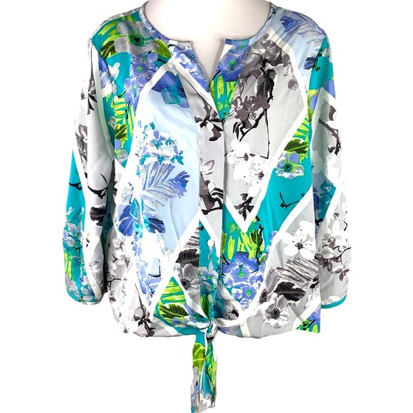 Adrienne Vittadini L Top Blouse Peasant Boho Floral Blue Button Tie Front - Picture 13 of 13